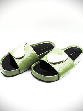 TORY BURCH Patos Sage Green Genuine Leather Platform Slides Size 8